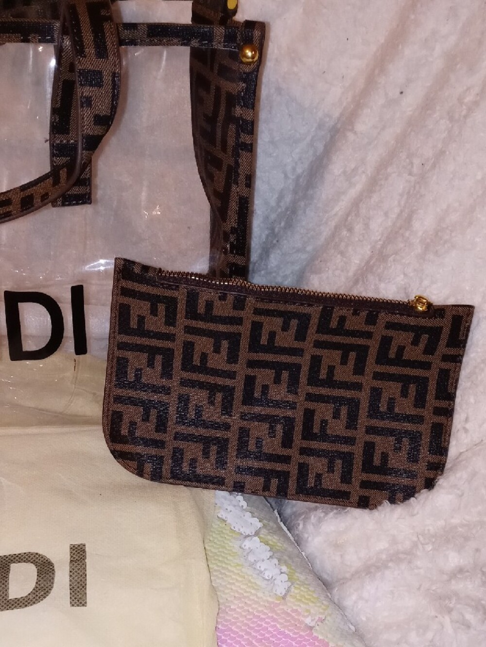 Fendi Clear Tote with Brown FF Monogram Trim and Matching Pouch - Picture 3 of 13